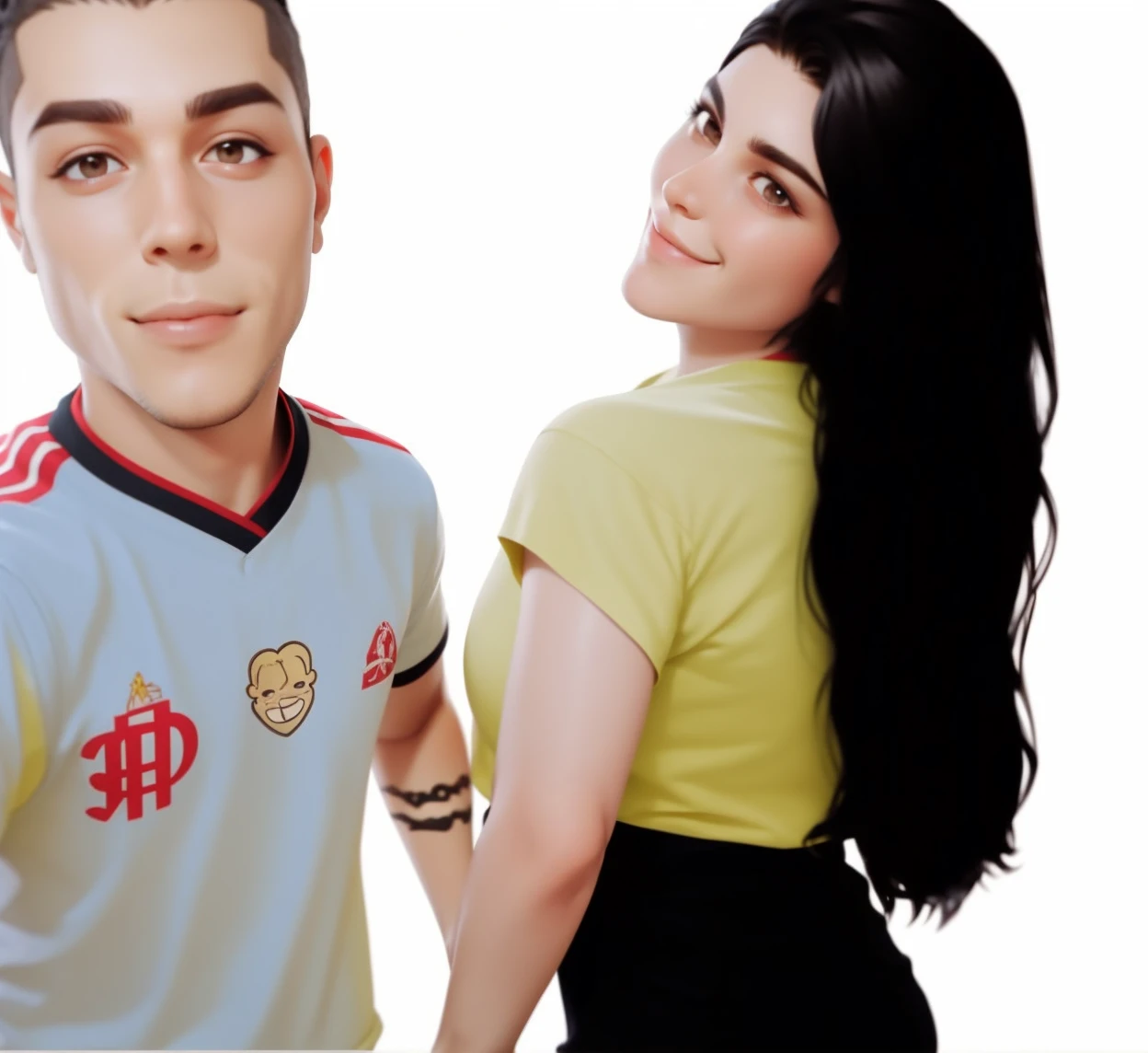 Best quality, Couple holding hands, cabelo longo preto, cabelo curto preto,  sorrindo, camisa amarela, camisa branca, Serious man, 23 anos