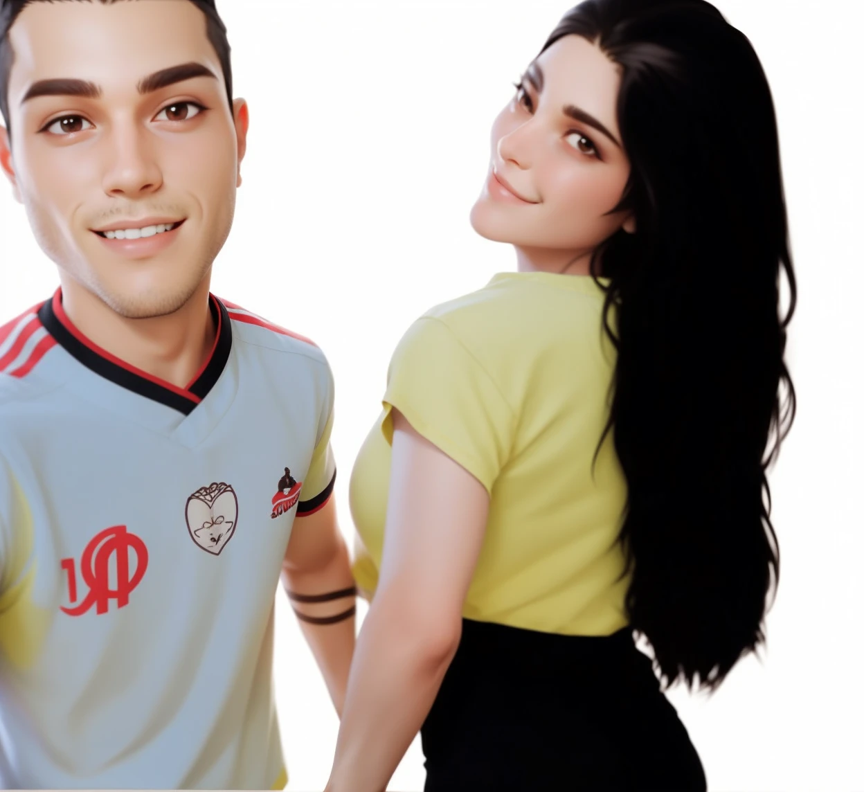 Best quality, Couple holding hands, cabelo longo preto, cabelo curto preto, sorrindo, camisa amarela, camisa branca, Serious man, 23 anos