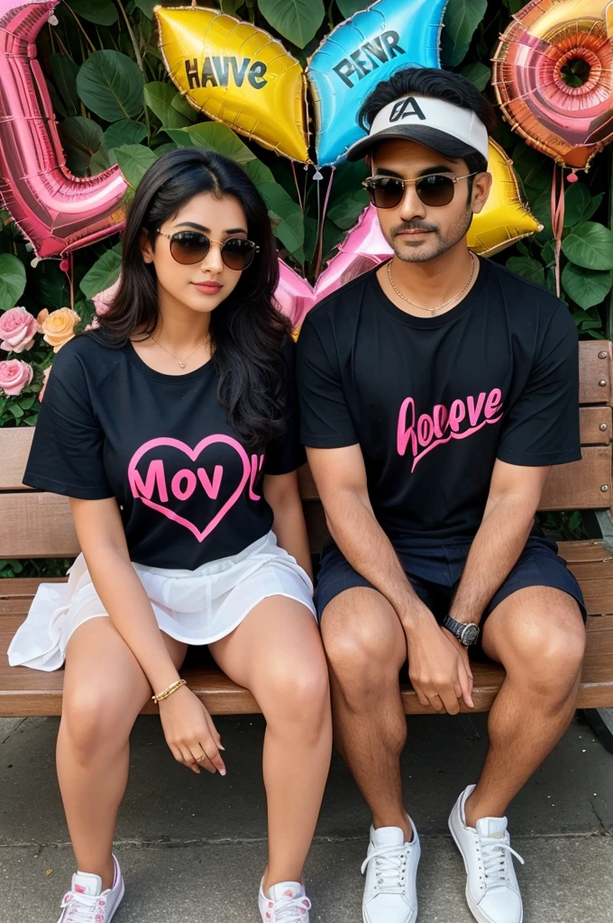 Create a realistic picture of a 22-year beautiful couple sitting on a bench holding each other’s hands. The boy is wearing a T-shirt, sneakers and sunglasses, and the girl is wearing a saree and sunglasses. Write the name “Moolchand  ❤️ Neelam ” on the background in a heart-shaped neon signboard along with decorations of flowers, roses and balloons.