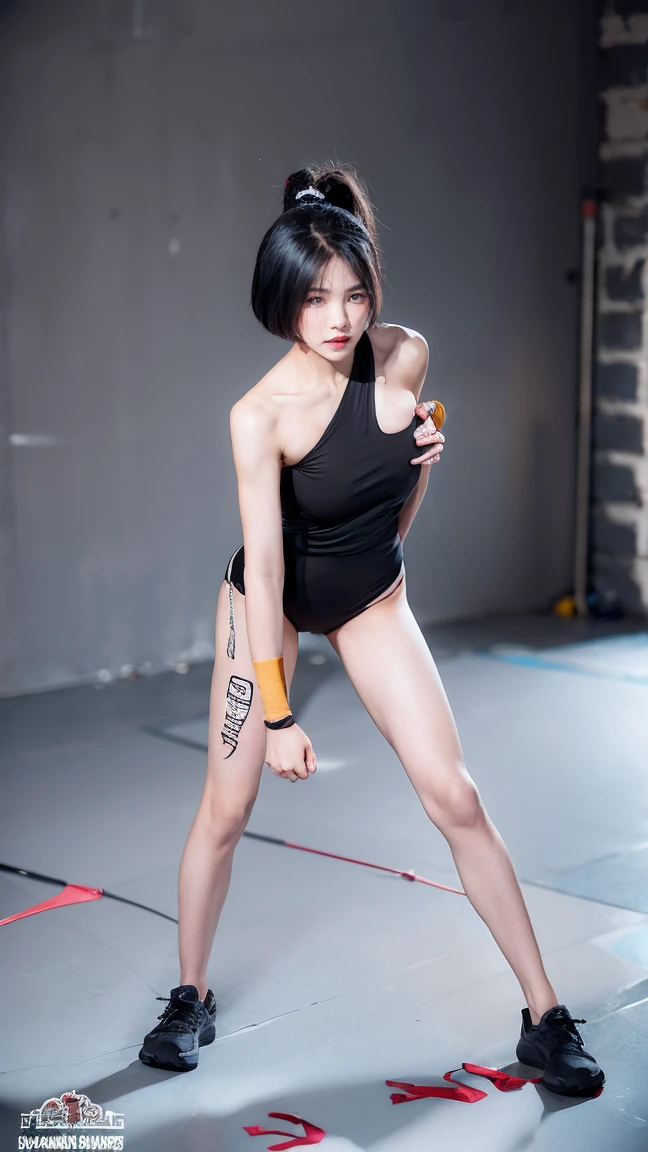 (masterpiece), best quality, expressive eyes, perfect face, Thailand MMA girl, killer, tanned, (masterpiece), best quality, expressive eyes, perfect face, 1girl, beautiful face, Beauty of beauty, (shinny skin, bob cut with movement), black eyes, eyebrows, Looking at Viewer, red polyester bodysuit, yandere look, bloodthirsty expression, standing in frustration, Black hair, (large swaying chest, A slender,), full body, bandage wrapped legwear, muscles, collarbone, slim waist, slim athletic build, Studio Lighting, Muaythai headband, bandage MMA gloves, Sweating, underworld fighting room, Thai face, knee pads, MuayThai, perfect anatomy, bandaged foot, feet, MMA shorts, solo, cum inside, sperm inside, wet shorts, ID card, Her Name, Thai language