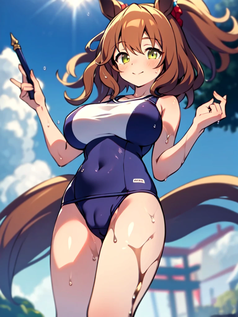 masterpiece, best quality, detailed, highly detailed, ultra detailed, extremely detailed CG, high resolution, 4K, 1girl, solo, aston machan \(umamusume\), big breasts, standing, from below, school swimsuits, wet, cameltoe,