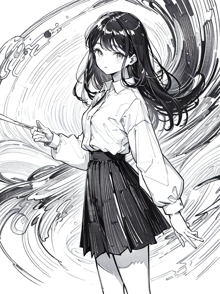 One Girl,Line art,Monochrome,sketch,鉛Pen画,Pen,Traditional Media,One Girl, skirt,,skirt, alone、Cute  Girl, ,Beautiful portrait、Delicate body、Esbian all over、Black Hair、Black Hair,landscape