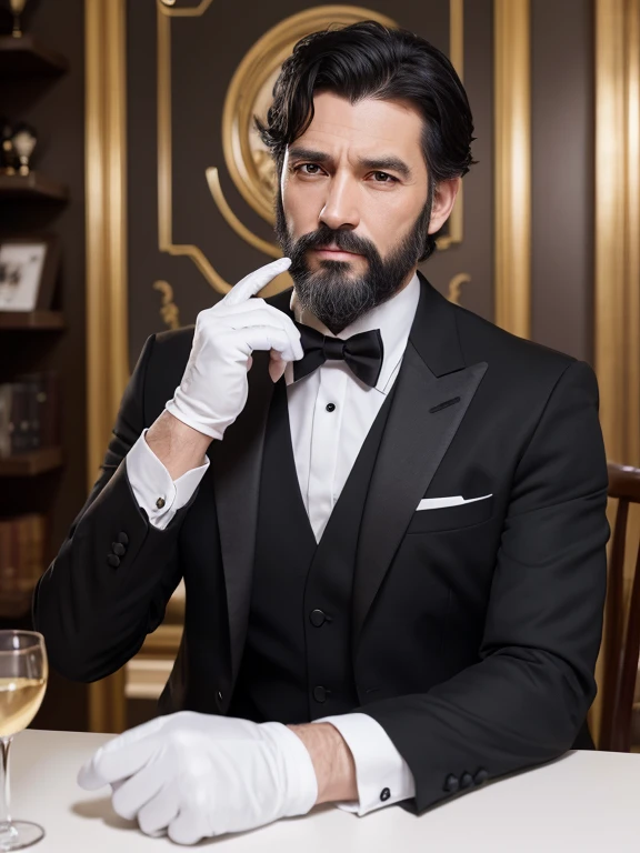 (8k, highest quality, Tabletop:1.2)、Ultra-high resolution, Detailed face, One man, 45 years old、Black Hair、beard、Short Hair、Black suit、White gloves、Black bow tie、Butler、Western-style building、Study、stand up