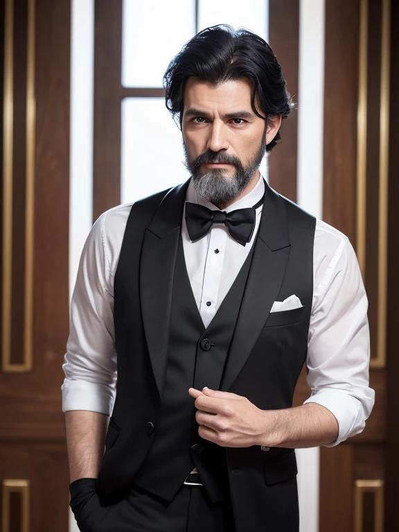 (8k, highest quality, Tabletop:1.2)、Ultra-high resolution, Detailed face, One man, 45 years old、Black Hair、beard、Short Hair、Black suit、White gloves、Black bow tie、Butler、Western-style building、Study、stand up