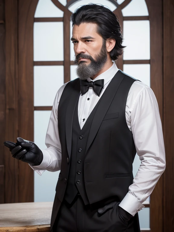 (8k, highest quality, Tabletop:1.2)、Ultra-high resolution, Detailed face, One man, 45 years old、Black Hair、beard、Short Hair、Black suit、White gloves、Black bow tie、Butler、Western-style building、Study、stand up