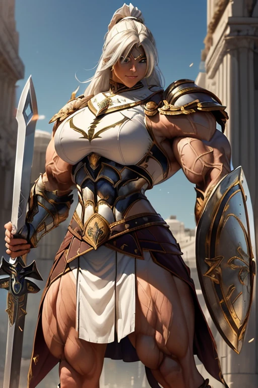 ((((Massive, tall, beautiful, buff, muscular brown skinned female spartan with white hair, ginormous bulky muscles, holding a sword and shield and wearing an all white gleaming spartan armor and pleated skirt)))), (close view), black eyeliner, massive muscles, massive biceps, hyper muscle triceps, (long straight hair), blue eyes, spartan boots, In a Roman city, steel spartan armor, armor breastplate, nighttime, confident smile, (hyper muscles arms), hyper muscle legs, (ginormous arms)