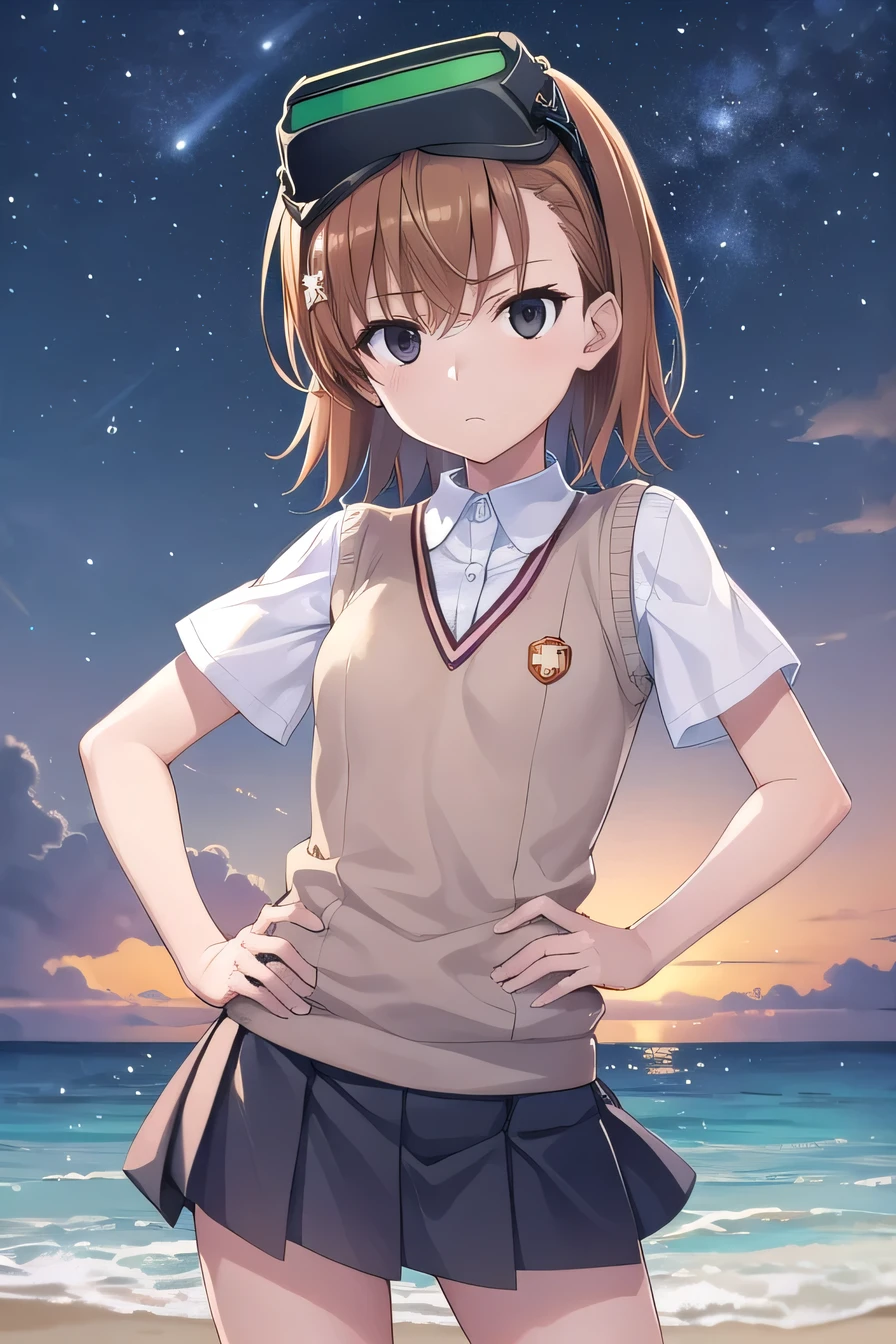 misaka imouto, short hair, brown hair, black eyes, empty eyes, goggles, goggles on head, head-mounted display, sweater vest, shirt, skirt, white shirt, pleated skirt, v-neck, short sleeves, tokiwadai, solo, night sky, beach, arm behind head, hand on hip, contrapposto, spread armpits, closed mouth, (cowboy shot:1.5), looking at viewer,