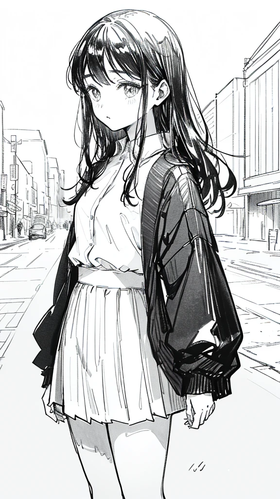 One Girl,Line art,Monochrome,sketch,鉛Pen画,Pen,Traditional Media,One Girl, skirt,,skirt, alone、Cute Teenage Girl, ,Beautiful portrait、Delicate body、Esbian all over、Black Hair、Black Hair,landscape