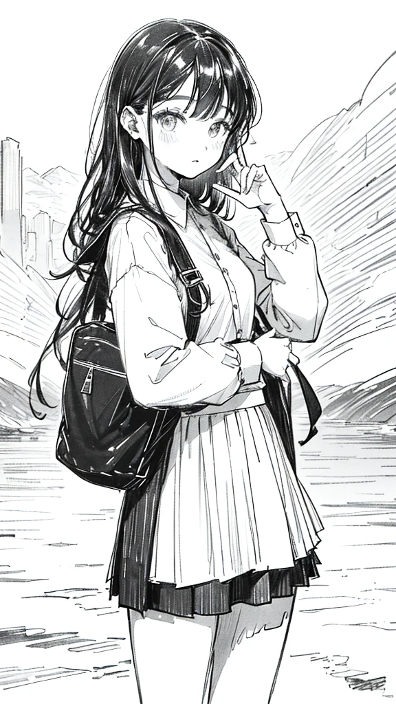 One Girl,Line art,Monochrome,sketch,鉛Pen画,Pen,Traditional Media,One Girl, skirt,,skirt, alone、Cute Teenage Girl, ,Beautiful portrait、Delicate body、Esbian all over、Black Hair、Black Hair,landscape