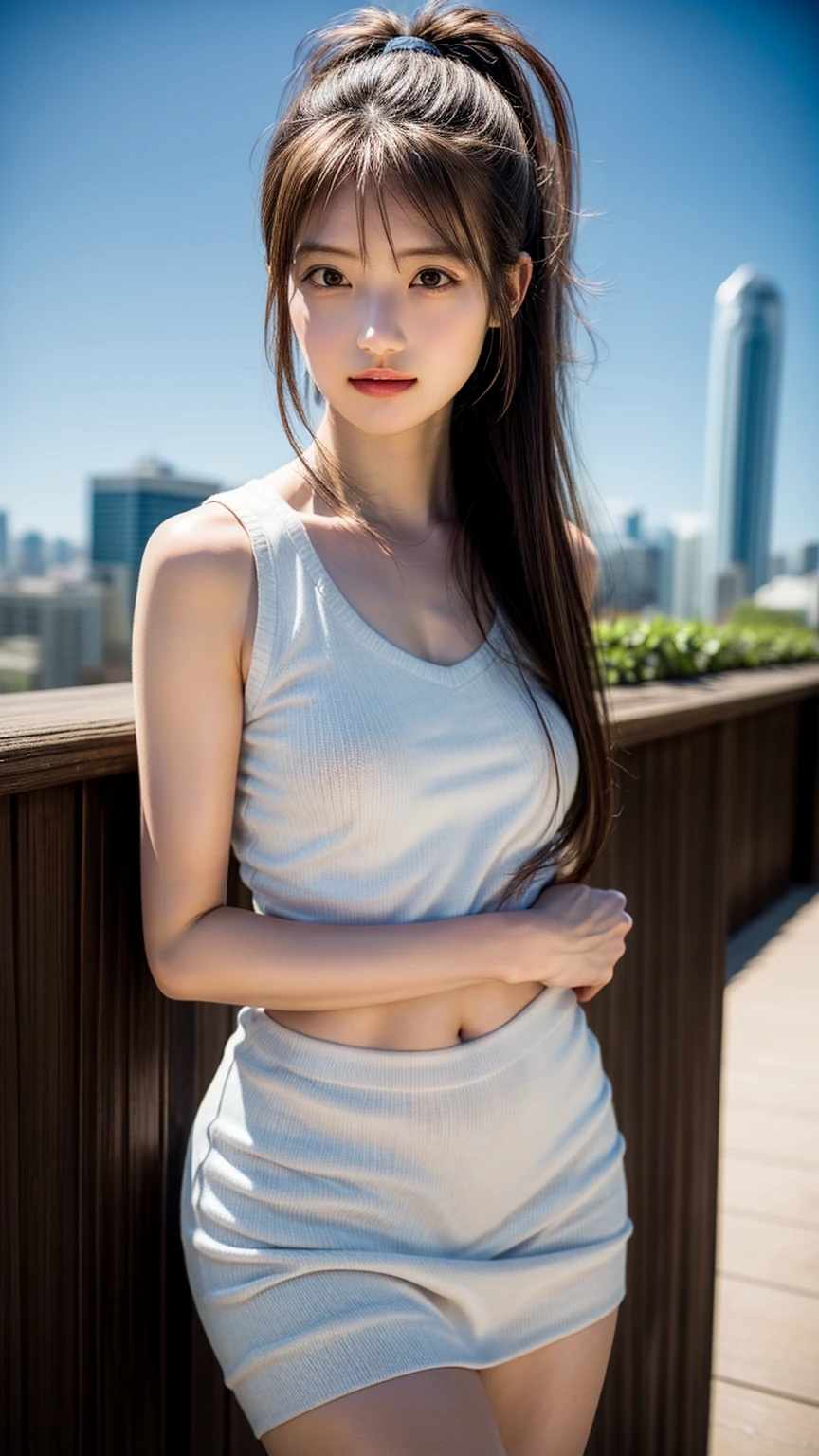 8K quality、High resolution、Realistic skin texture、High resolutionの瞳、woman、Japanese Summer Office Lady、Sleeveless knit shirt、Princess Hair、thin、、Small breasts、Small breastsの谷間、Brown Hair、thin脚、big、Sweat accumulates in the chest、Rooftop、Brush your hair up
