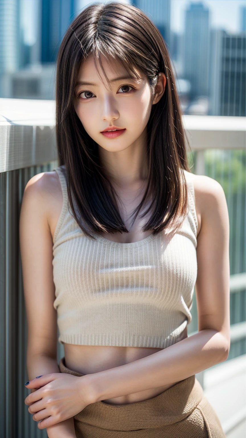 8K quality、High resolution、Realistic skin texture、High resolutionの瞳、woman、Japanese Summer Office Lady、Sleeveless knit shirt、Princess Hair、thin、、Small breasts、Small breastsの谷間、Brown Hair、thin脚、big、Sweat accumulates in the chest、Rooftop、Brush your hair up