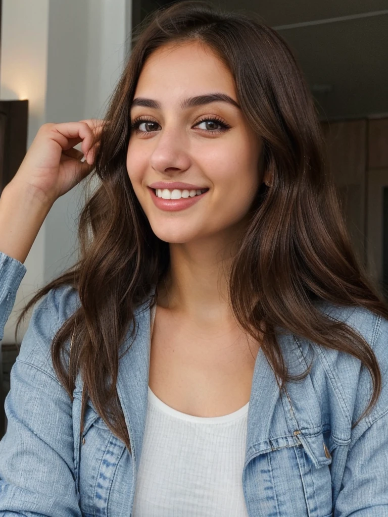 one cute women, 20YO, white, Arab, cute face, realistic brown eyes, blue jacket, brown hair, cute smile, skinny face, white realistic teethes, big eyes, long hair