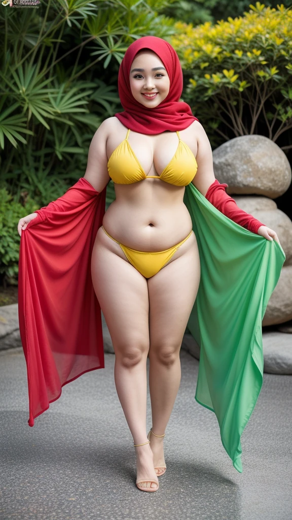 Sensual beautiful 3women ,smile ,hijab,thick body,curve body,sap body ,bbw body ,sexy body, memakai bikini, kuning hijau merah ungu pingk motif bunga kuning merah pelangi sedang berjalan