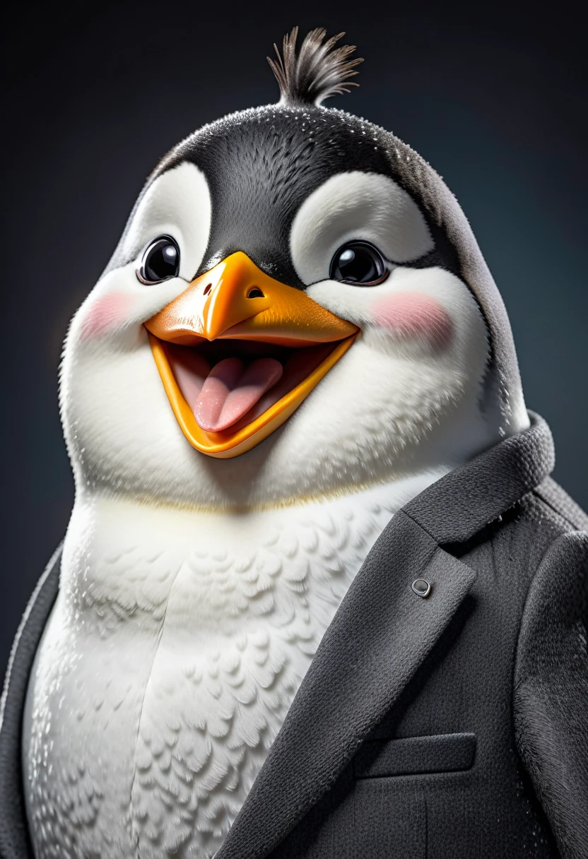 face close up photo of anthropomorphic fat penguin,(furry), dressed in a dark gray suit, (sticking out tongue:1.5),(happy smile:1.5),(playful:1.2), soft lighting, Cinematic, hdr, primitive, Intricate, High quality, smoothing tones, Intricate details, Low contrast,(viewed from side:2.0), (looking to the side:1.5), simple background