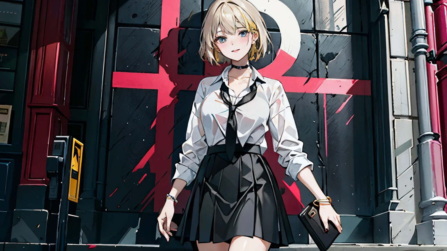 masterpiece, highest quality, whole body, One girl, bangs, black choker, black tie, Blonde Hair, blue skirt, blush, bracelet, chest, choker, clothes The surrounding area waist, clavicle, Collared shirt, Eyebrows visible through hair, Gradient Hair,tie, mini skirt, smile, alone, White shirt, street, null, fashionable, woman, Vibrant, Costume, Pause, front, colorful, dynamic, background, element, have confidence, Performance, Holding, statement, accessories, Majestic, Coiled, The surrounding area, touch, scene, article, cover, bold, to attract attention, title, stylish, font, Catchy, Heading, big, impressive, Modern, trend, concentrated, fashion,Owns a book,One Woman