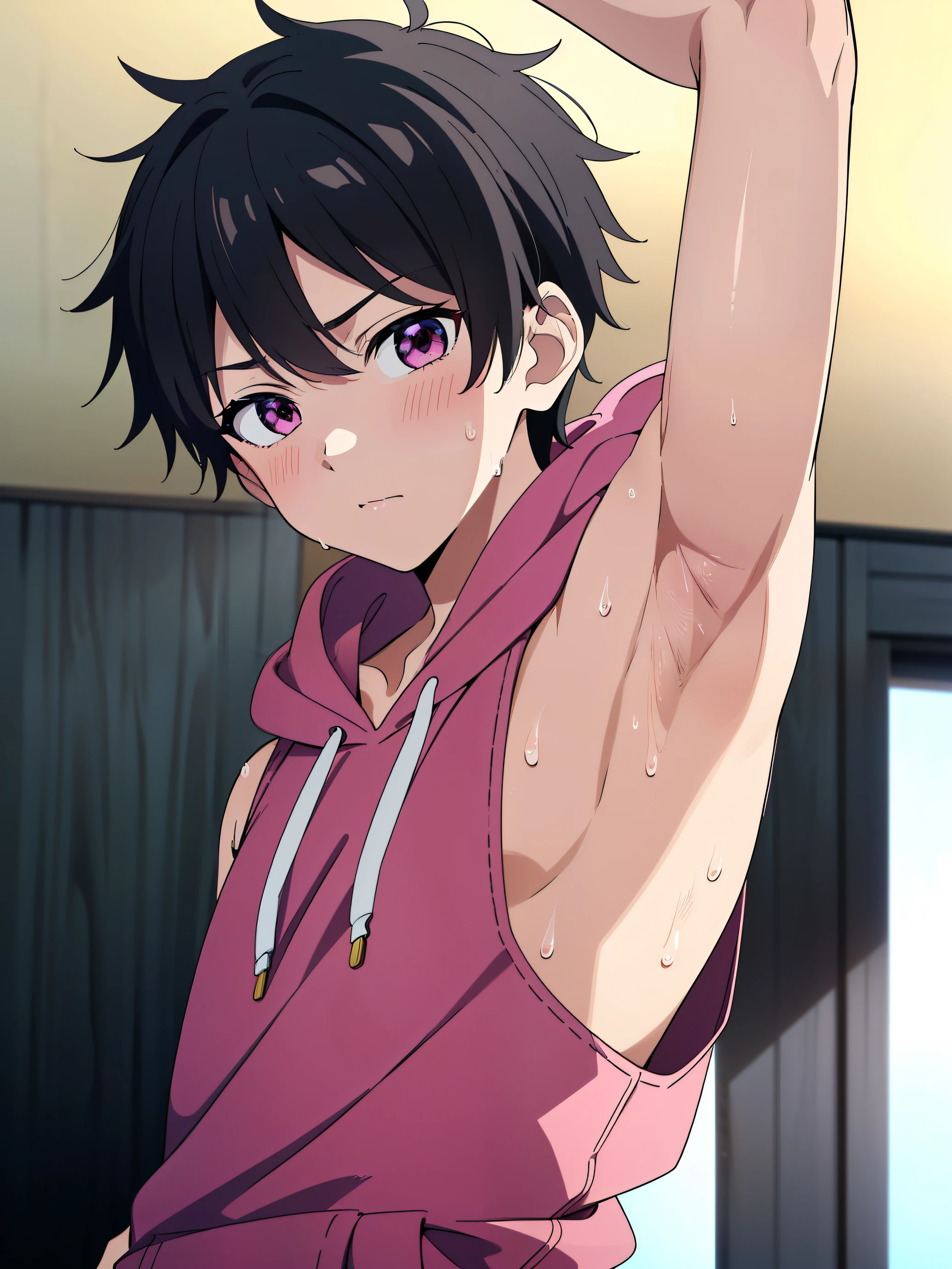 Highres, Masterpiece, Best quality at best,Best Quality,hight quality, hight detailed, 1boy, Boy, Dark skin, Teenage boy, Fluffy hair, Side bangs, Solo person, Sleeveless hoodie, Croptop, Navel, Choker, Glove, Arm cover, Belt, Collarbone, Depth of field, Anime screencap style, thin line, Seductive pose, open mouth,Seen from the front, Little sweat, Kpop, Cute boy, (Showing armpit:1.3), Slim body, 15-year-old boys, Blurry and simple beckground, bokeh, Uhd