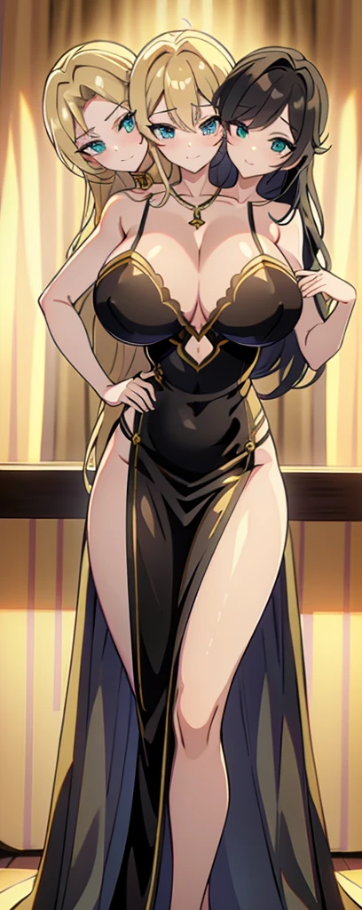 best quality, (masterpiece),(ultra-detailed), (high quality), (high resolution), ((3heads:1.5)), best quality:1.5, highres, UHD, 16K), smiling, highres, masterpiece, ((golden blonde hair)), cleavage, ((black dress)), lustrous and smooth skin, , (mature woman), seductive silhouette, ((slim hips)), casual dress, sexy proportions, Beautiful girl with accentuated slender abs, long legs, seductive woman, background, necklace, body con dress, strapless, sleeveless, blue green eyes, long hair, ponytail
