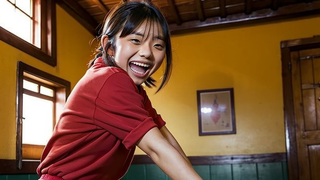 hina kikuchi, Sweaty, Laughing with tongue out, smile, A female adventurer wearing red, sturdy shorts, -yeld gi A room in a rural inn, Black Bob Hair, Show off your ass here