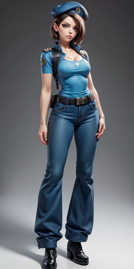 Jill Valentine, masterpiece, best quality, 1girl, solo, standing, jillre1, beret, uniform, shoulder pads, short sleeves, harness, belt, bell-bottom blue pants(Wide flares on pants:1.2), cleavage, black combat boots, full body, perfect blue eyes, perfect red mouth,