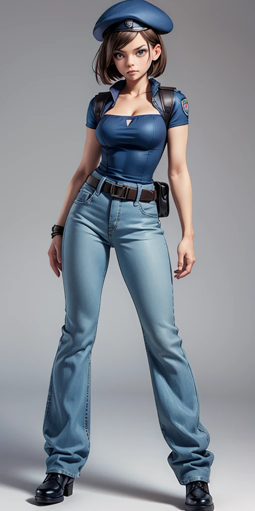Jill Valentine, masterpiece, best quality, 1girl, solo, standing, jillre1, beret, uniform, shoulder pads, short sleeves, harness, belt, bell-bottom blue pants(Wide flares on pants:1.2), cleavage, black combat boots, full body, perfect blue eyes, perfect red mouth,