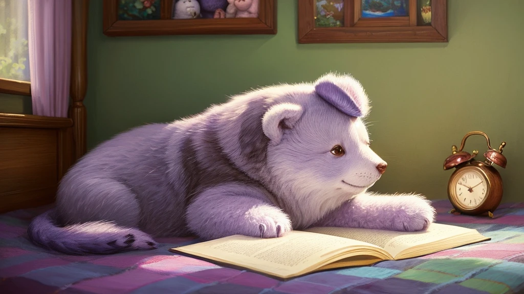 A whimsical and enchanting hyper-realistic oil painting depicting a delightful scene with a charming, sleepy purple teddy bear is nestled in a cozy corner. With one of its adorable paws, it holds a chalk note that reads "I need more Weekend!" in large, bold letters. The teddy bear's eyes are partially closed, emphasizing its exhaustion. The background is a dark purple, slightly blurred to create a dreamy atmosphere. adds to the sense of innocent and quiet.