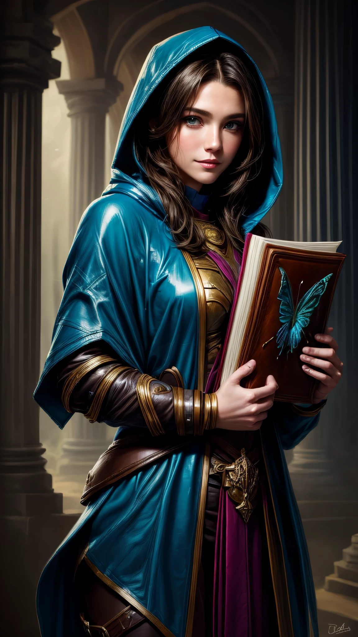 Speed painting of portrait of a fantasy female brunette human adventurer, with a blue hood, in leather armour, in a temple, D&D character, holding a very large leather bound magical book with butterfly on the book cover, slight smile on face.