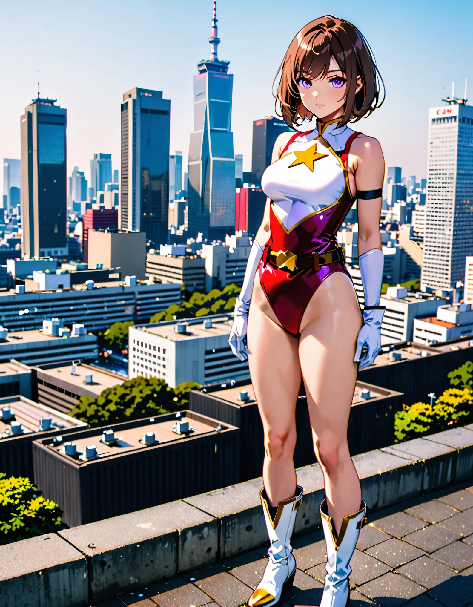 (masterpiece), (best quality), (high res), medium breasts, ((leotard, white and red leotard, matching leotard, sleeveless, bare legs)), ((tight belt, gold belt)), ((boots, matching boots, ankle-high boots, white boots)), ((gloves, white gloves)), city backdrop, tokyo city backdrop, solo, solo focus, standing, (full body), cowboy shot, superhero, ((beautiful detailed eyes)), ((gold star symbol on chest)), (brown hair, medium hair, bob hair, purple eyes), (perfect hands, perfect anatomy), cowboy shot, superhero, ((beautiful detailed eyes)), full body costume design.