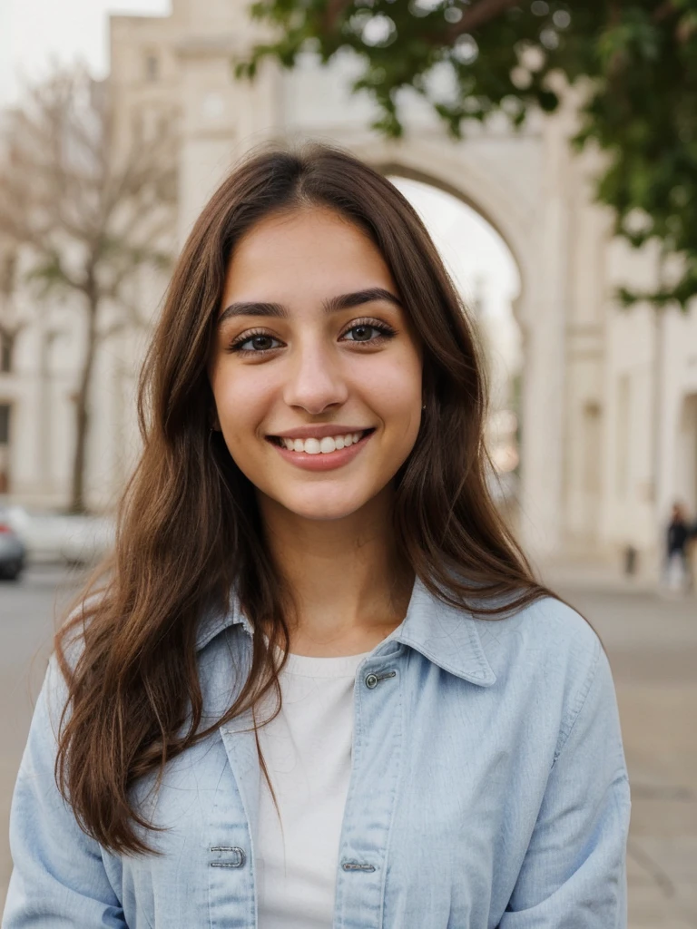 one cute women, 20YO, white, Arab, cute face, realistic brown eyes, blue jacket, brown hair, cute smile, skinny face, white realistic teethes, big eyes, long hair