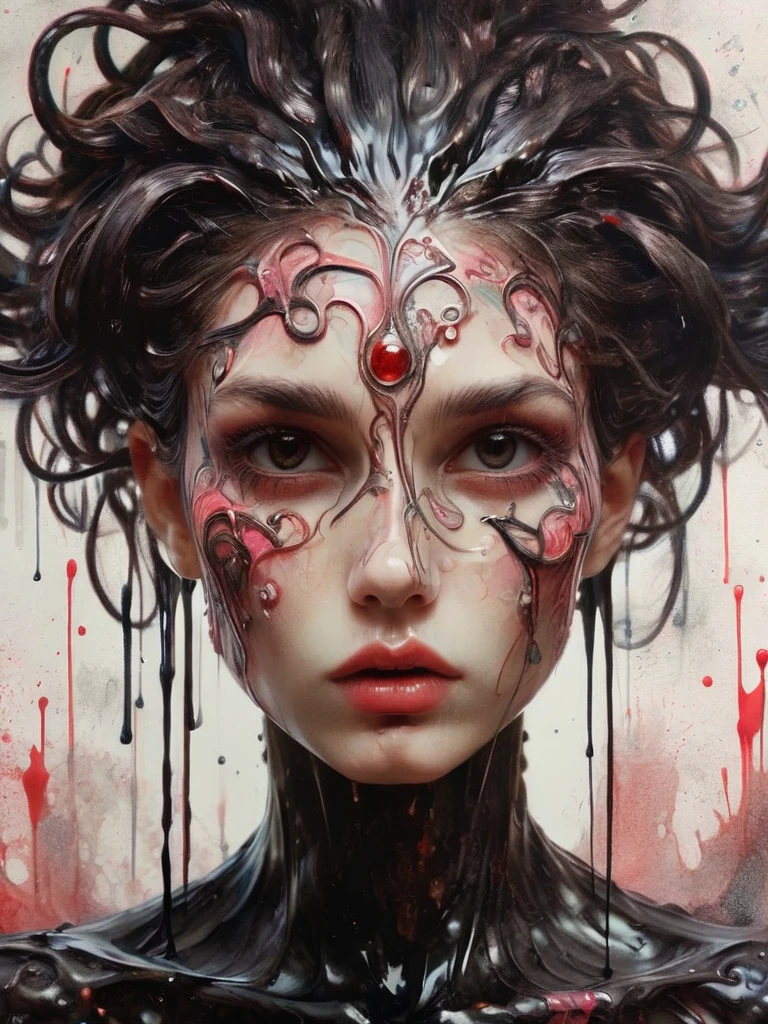 8K, rgb, hdr, pinturas de aceite, acuarelas, colores saturados brillantes, Anna Razumovskaya, Jarek Kubicki, Aleksi Brilo, Darek Zabrotsky, sakimichan, lois, Aminola Rezai, foto CRUDA, negro, dark Rojo, de cerca, Retrato de Medusa, mixed media collage. text with inscription "eloise", hermoso rostro. calligraphy, Gouache Wash, Boceto a pluma, lineas finas, Vintage illustration style. negro, blanco, Rosa coral, Rojo, pelo rubio, beautiful patterns  ral-negrolight