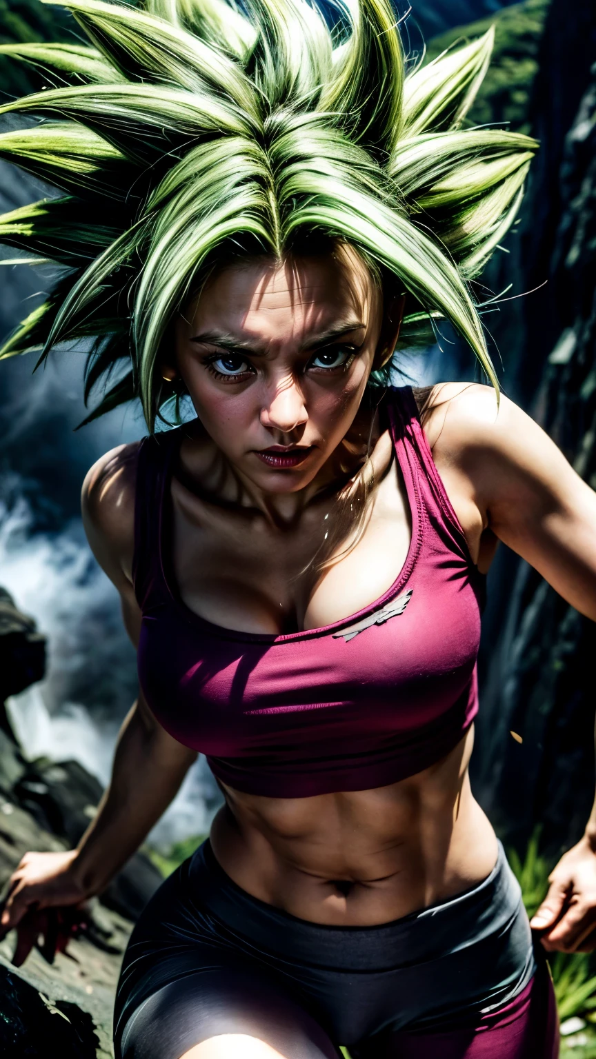 Kefla, super_saiyan, green hair, green eyes, 1girl, spiked_hair, energy, torn_clothes, aura, leggings, red clothing, dramatic, cliffside, looking at viewer, detailed face, detailed eyes, best quality,highres,ultra-detailed,realistic:1.37,professional,dynamic,action shot, 