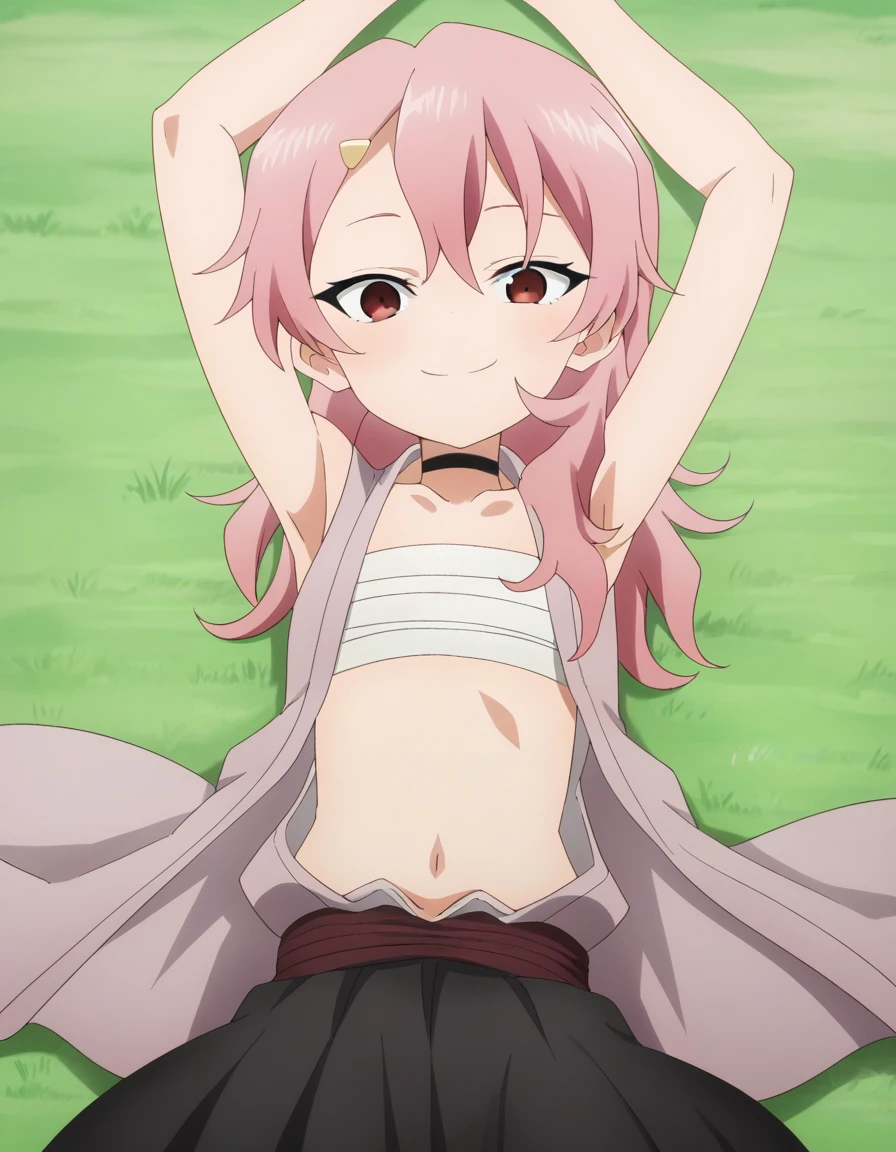benisumomo, anime coloring ,BREAK source_anime, anime, long hair, hair ornament, red eyes, navel, pink hair, japanese clothes, choker, hairclip, flat chest, black choker, sarashi, chest sarashi, black skirt, high quality, solo, lying, on back, arms up, spread arms, closed mouth, on grass, (cowboy shot:1.5), looking at viewer, smile, best quality