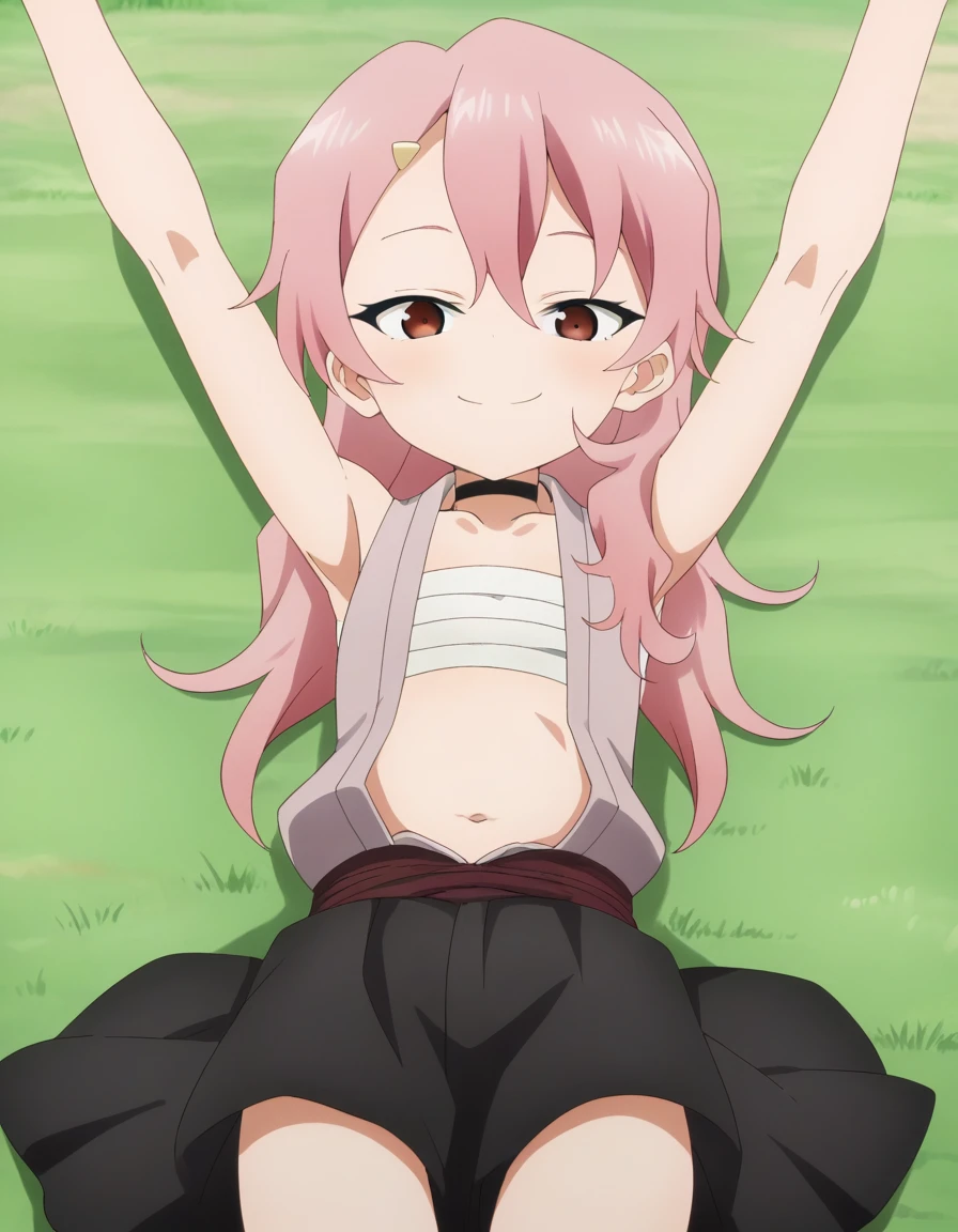 benisumomo, anime coloring ,BREAK source_anime, anime, long hair, hair ornament, red eyes, navel, pink hair, japanese clothes, choker, hairclip, flat chest, black choker, sarashi, chest sarashi, black skirt, high quality, solo, lying, on back, arms up, spread arms, closed mouth, on grass, (cowboy shot:1.5), looking at viewer, smile, best quality