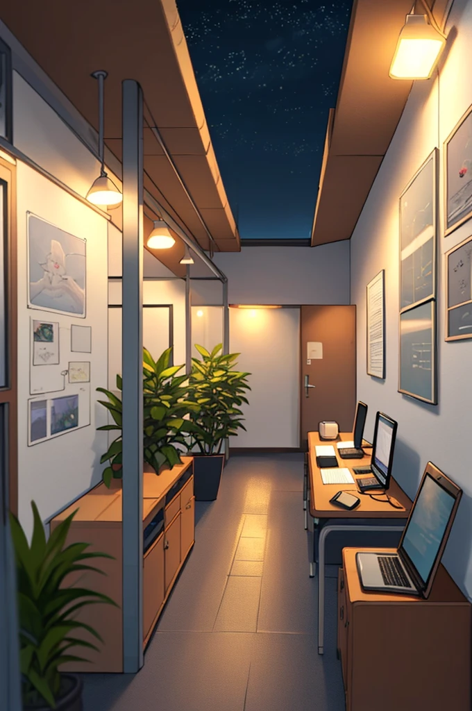 gentle, anime background art, clean lines, intricate details, serene, empty, high quality, raytracing video game, large room, neat, organized, clean, bare, empty, multiple traditional drawing tablets on desk, view from window, office chair, calm, cozy, vintage feel, simple, soft textures, interior wallpaper, blurry foreground, night time background with street lights, large office space
