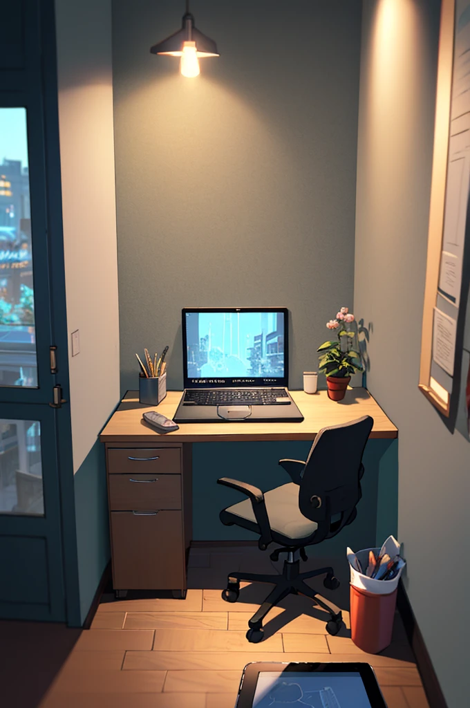 gentle, anime background art, clean lines, intricate details, serene, empty, high quality, raytracing video game, large room, neat, organized, clean, bare, empty, multiple traditional drawing tablets on desk, view from window, office chair, calm, cozy, vintage feel, simple, soft textures, interior wallpaper, blurry foreground, night time background with street lights, large office space