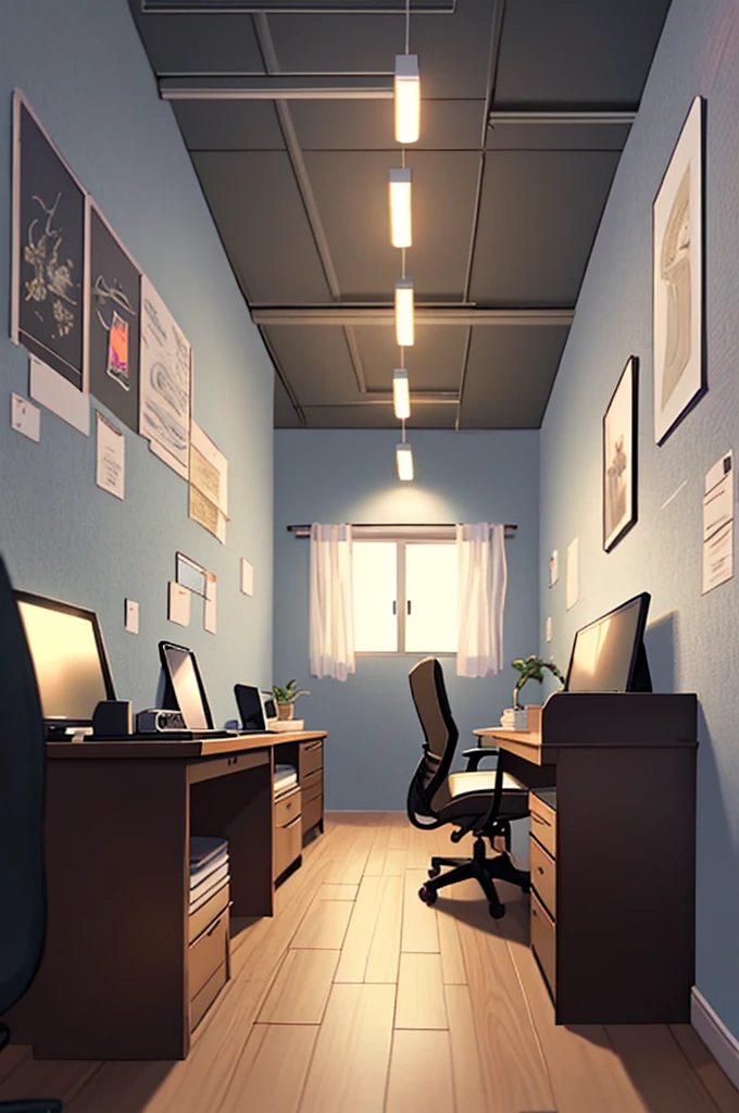 gentle, anime background art, clean lines, intricate details, serene, empty, high quality, raytracing video game, large room, neat, organized, clean, bare, empty, multiple traditional drawing tablets on desk, view from window, office chair, calm, cozy, vintage feel, simple, soft textures, interior wallpaper, blurry foreground, night time background with street lights, large office space