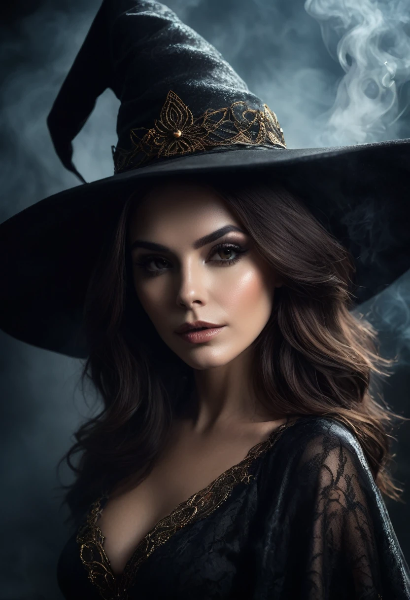 a beautiful woman brown hair queen WITCH  WITH A hat and DARK SCENE the Style-RustMagic, Aum, (atmosfera escura:1.2), (Mist & smoke), (noite escura:1.3), Cicatrizes, (shaggy medium length dark hair:1.1), (sombra:1.1), (brilho lindamente detalhado:1.2), (cinematic lighting), detalhe intrincado, high resolution,