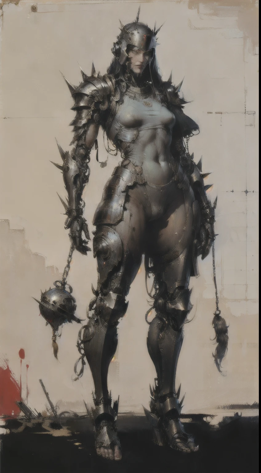 1woman, perfect proportions, anatomically correct, (head to toe: 2.0), (full body image: 2.0), solo, extremely stylized, deviant art, masterpiece, highly detailed, detailed eyes, expressive detailed eyes, detailed pupils, futuristic, ((wearing an armored helmet)), ((holding a spiked flail)), (cybernetic arms:1.4), big boots, entire body image, full body shot, nvinkpunk, professional photograph of alexander_skarsgard, tassles, large beads, (large tassels), cyberpunk, inkpunk, paint platter, ink splatter, (action pose:1.0), ((chainmail shirt)), old warrior, long beard, ((armor shoulders))