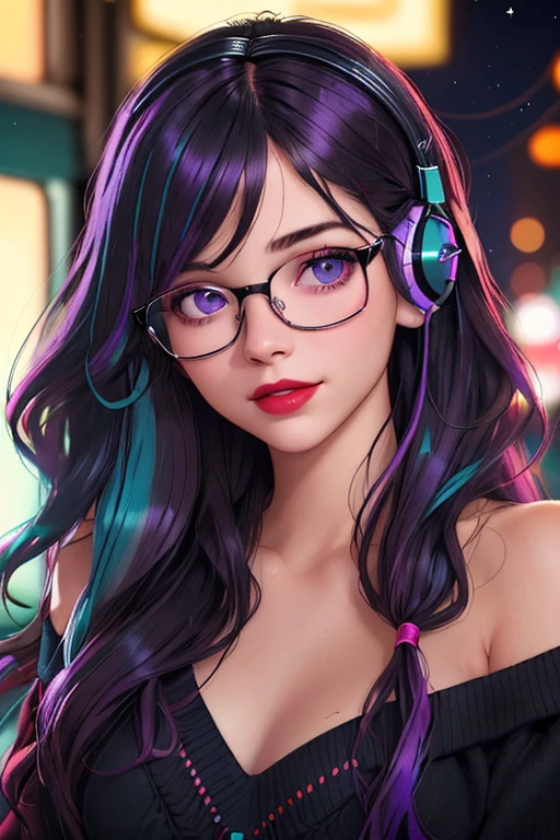 (best quality, masterpiece, perfect face, beautiful and aesthetic:1.2, colorful, dynamic angle, highest detailed face), 20 years old girl, medium, flirting on camera, 35mm, bokeh, 9:16, neon colorful city, colorful lights, (intricate details, hyperdetailed:1.15), (high contrast, official art, extreme detailed, highest detailed), perfect face, female, aqua eyes, wearing red lipstick, light smile, medium black wavy hair, wavy hair with purple highlights, wearing headphones, nerdy glasses, with black frames, bangs, she is wearing a white off-shoulder sweater, nighttime, alley way, 3/4 body view