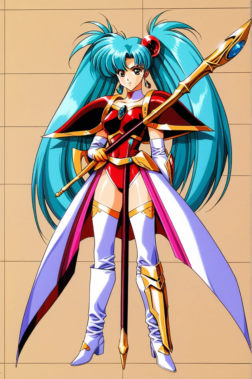 One girl,alone,gloves,Twin tails,elbow gloves,armor,Long Hair,Holding,1990s (style),shoulder armor,hair ornaments,retro artstyle,Blue Hair,Scapula,staff,Hair ties,Aqua Hair,View Viewer,bangs,Holding staff,Shiny,boots,Previous versions,score_9,score_8_superior,