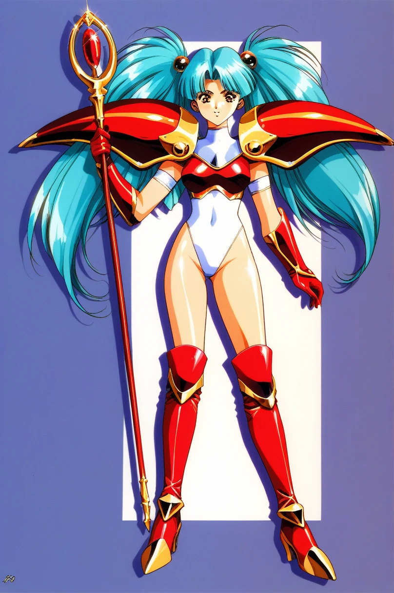 One girl,alone,gloves,Twin tails,elbow gloves,armor,Long Hair,Holding,1990s (style),shoulder armor,hair ornaments,retro artstyle,Blue Hair,Scapula,staff,Hair ties,Aqua Hair,View Viewer,bangs,Holding staff,Shiny,boots,Previous versions,score_9,score_8_superior,