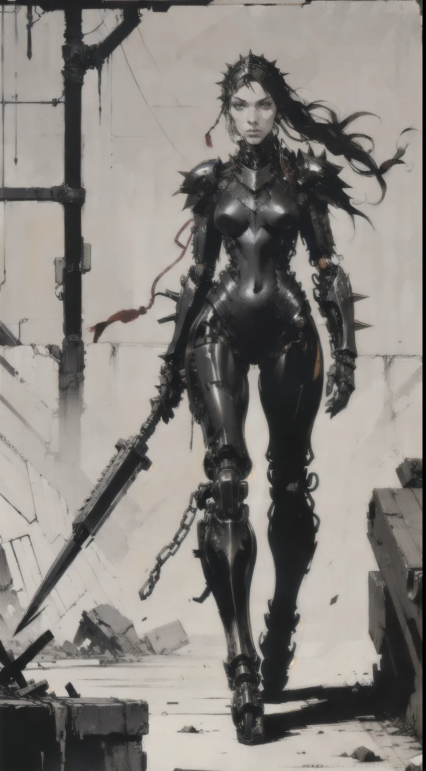 1woman, perfect proportions, anatomically correct, (head to toe: 2.0), (full body image: 2.0), solo, extremely stylized, deviant art, masterpiece, highly detailed, detailed eyes, expressive detailed eyes, detailed pupils, futuristic, ((wearing an armored helmet)), ((holding a spiked flail)), (cybernetic arms:1.4), big boots, entire body image, full body shot, nvinkpunk, professional photograph of alexander_skarsgard, tassles, large beads, (large tassels), cyberpunk, inkpunk, paint platter, ink splatter, (action pose:1.0), ((chainmail shirt)), old warrior, long beard, ((armor shoulders))