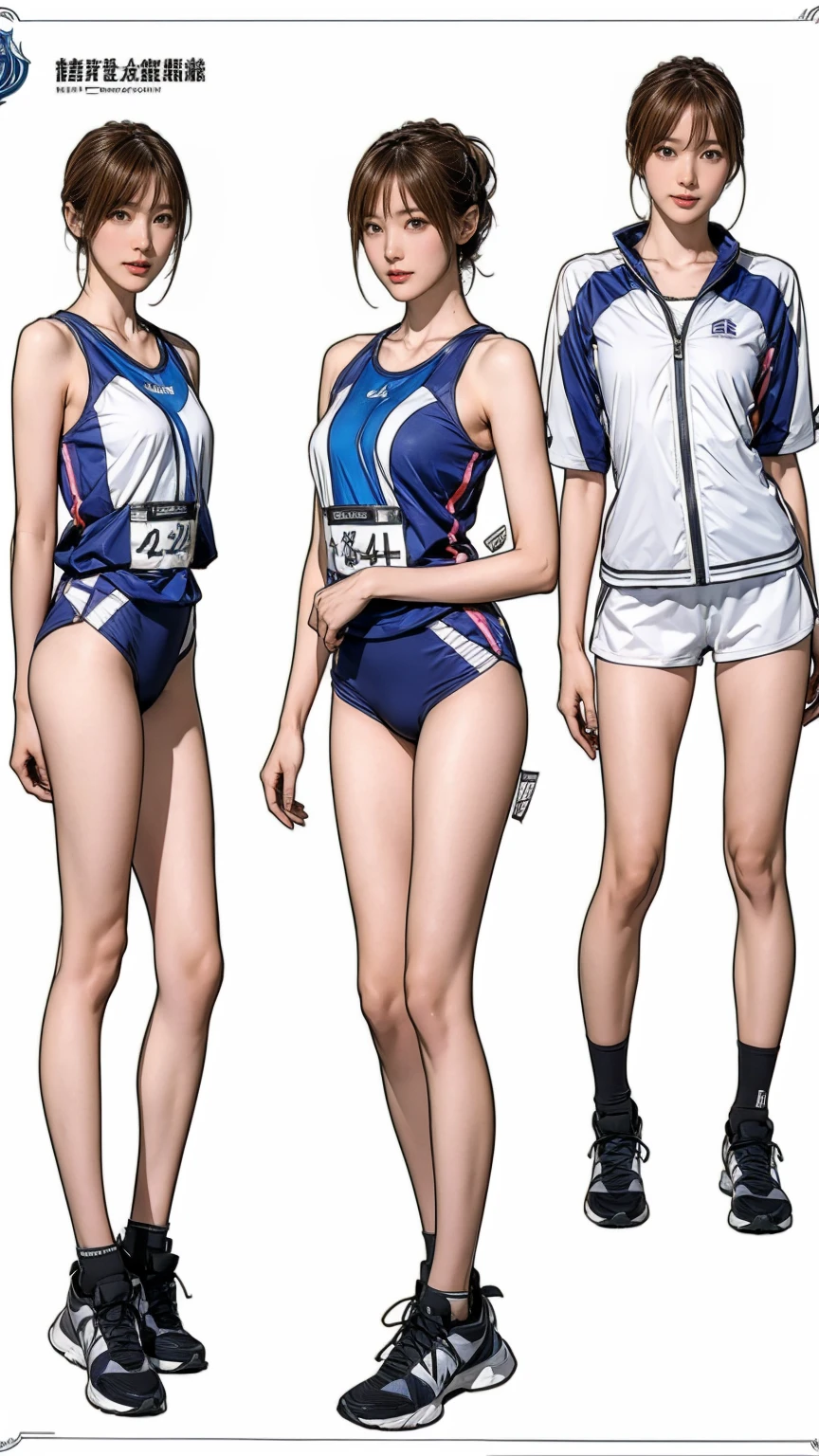 ((masterpiece)),(((highest quality))),((Character design sheet)),Thin thighs,Long legs,It's not a big deal ,Wearing a marathon uniform and marathon shoes