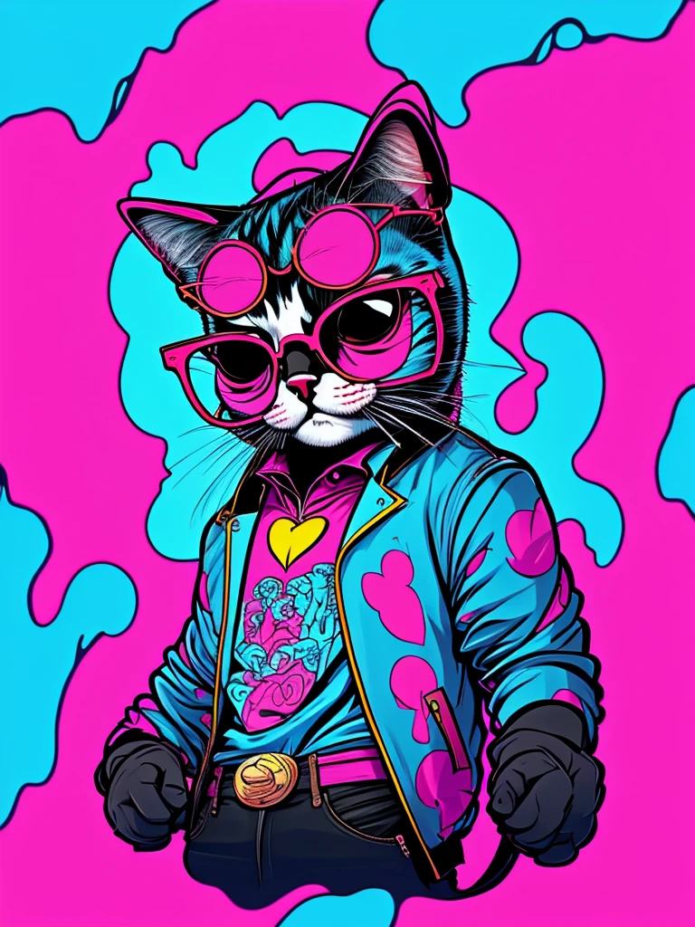 [avatar style art] [pink background] a cat with glasses and a suit jacket, cartoon style, splashes of color*, cartoon portrait,, caricature illustration, ultra-detailed,cartoon!!!, inspired by Bored art Ape Yacht Club, hippie, cartoon, [profile photo style]