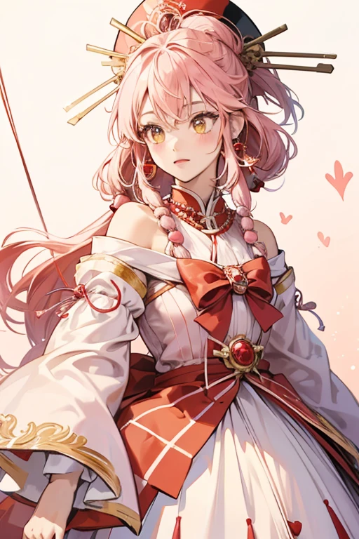 Taikotchi has a light pink color face and head, with a red hat on top, and bead string bow earings. Her dress has heart shapes and the second layer has yellow lining. SPARKLE; GLITTER