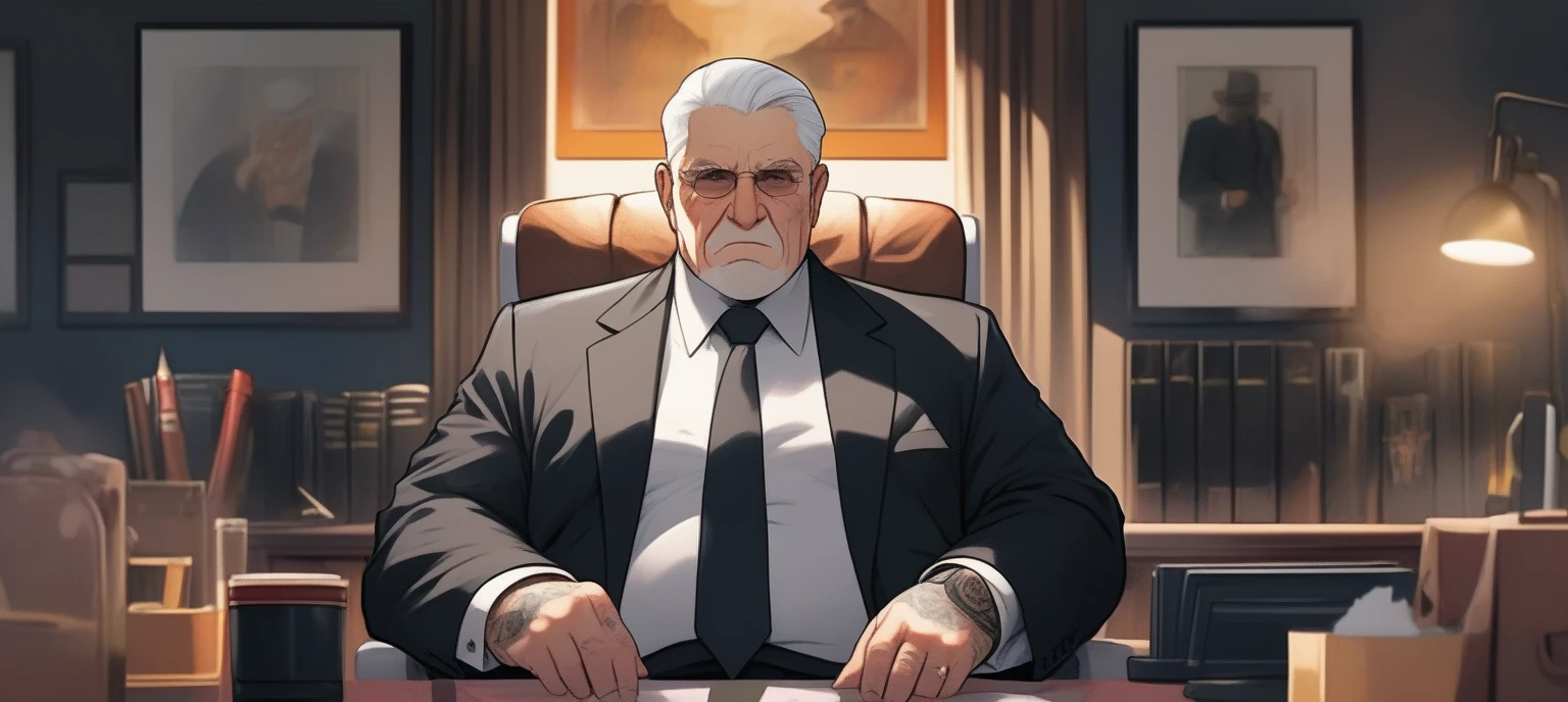 children's picture books,crayon paintings, the office of a mafia evil boss 1 old man, fat, mafia boss, 45 years old, black expensive suite, white short hair, tattos