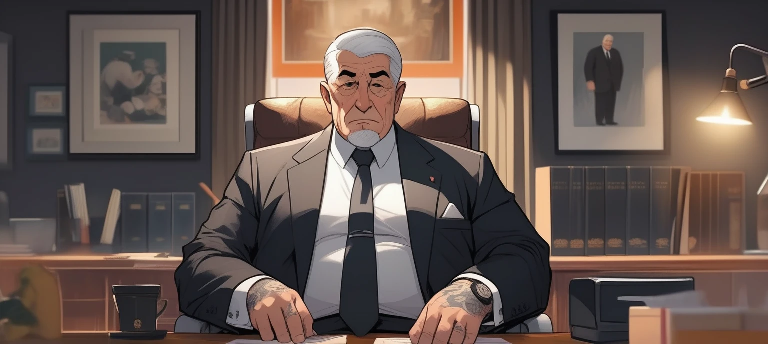 children's picture books,crayon paintings, the office of a mafia evil boss 1 old man, fat, mafia boss, 45 years old, black expensive suite, white short hair, tattos