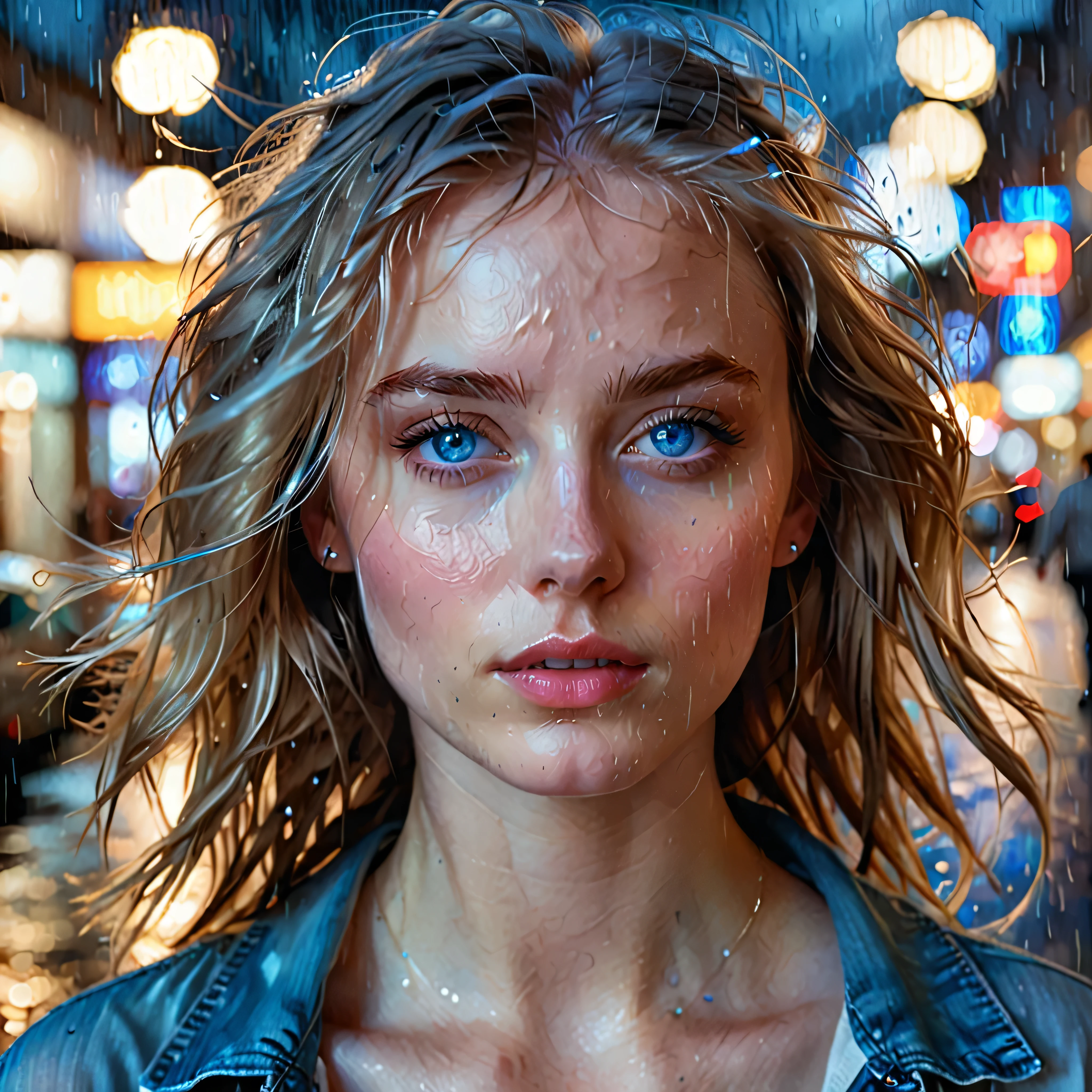 Hyper-realistic portrait of a young woman with piercing blue eyes and soft, slightly parted lips. Her hair is tousled, giving a sense of movement, and the background is a dreamy, abstract blend of lights and shadows, resembling a rainy night in the city. The image uses a painterly style with detailed brushstrokes and a soft focus on the face, enhancing the ethereal and mysterious atmosphere.