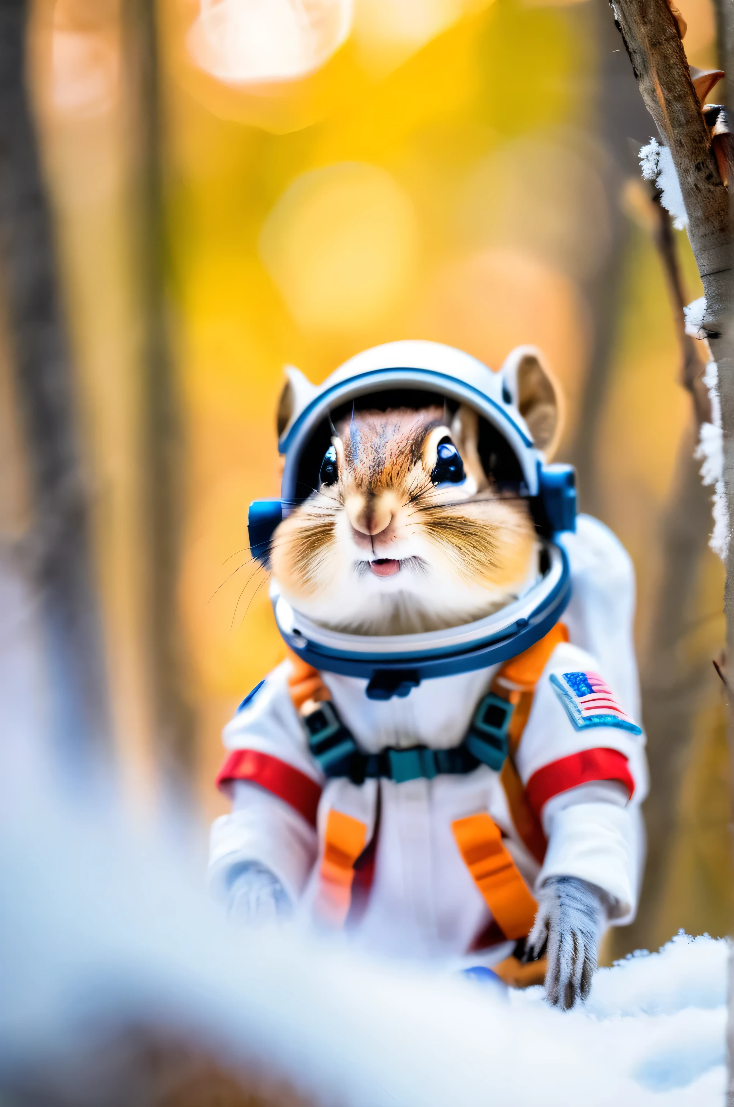 RAW Photos, delicate, highest quality,Hyper Detail, In detail, 8k, 32k, masterpiece,(Ultra-high resolution:1.2),Chipmunk in a spacesuit、Take a helmet、The mission to the moon is ready, In the snowy forest、Cloudy Trees々and crunchy, cold,Hide in burrows and tree holes,Rim Light