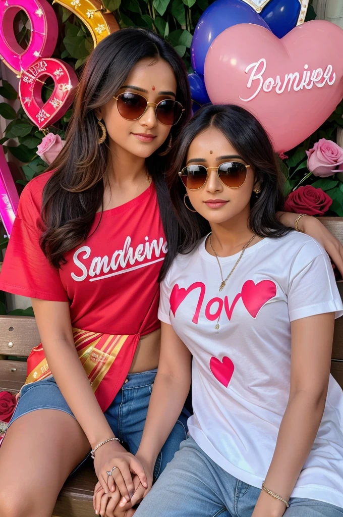 Create a realistic picture of a 22-year beautiful couple sitting on a bench holding each other’s hands. The boy is wearing a T-shirt, sneakers and sunglasses, and the girl is wearing a saree and sunglasses. Write the name “Mahi ❤️ Neha” on the background in a heart-shaped neon signboard along with decorations of flowers, roses and balloons.