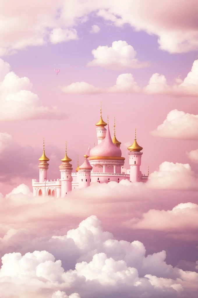 There is cake on the table in the clouds, fairy tale style background, stunning arcanum backdrop, Magical cloudy background, palace background, palace floating in heaven, paradise background, ballroom background, pink fog background, lie on white clouds fairyland, flying cloud castle, light kingdom backdrop, heaven pink, gymnasium background, dreamy atmosphere and drama, Cloud Palace，Great love，love heart